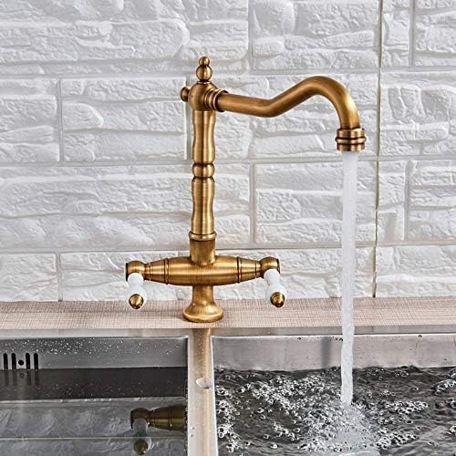 la Cubierta de Doble Manija de Latón Antiguo Instala el Grifo Del Fregadero de la Cocina de Manija Cerámica, la Boquilla Giratoria, el Agitador de la Cocina de Agua Fría Y Caliente, LVFXQRXO