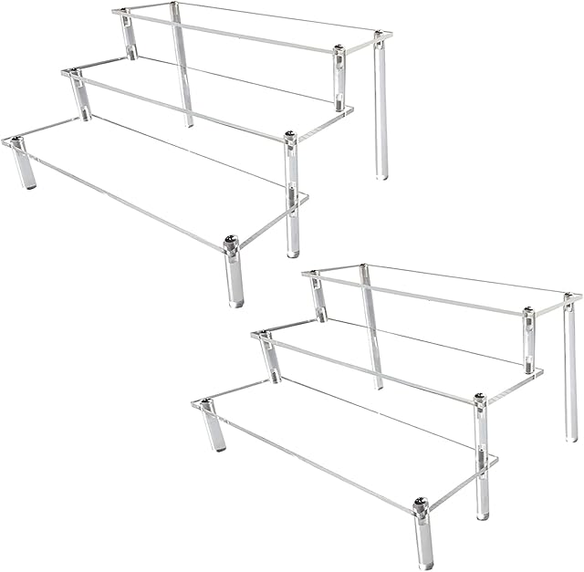 Acrylic Riser Clear Display Risers Stand Cologne Organizer Acrylic Shelves 3 Tier Shelf for Amiibo Funko Figures Toys Cupcake Food Desserts Perfume Collection Cosmetic Jewelry Makeup Product(2 PACK)