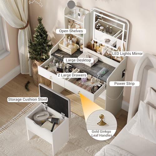GarveeHome Vanity Desk with LED Light Mirror and Charging Station,Small Makeup Vanities Set with 2 Drawers for Girls Women with Storage Stool (White + Grey Tabletop)