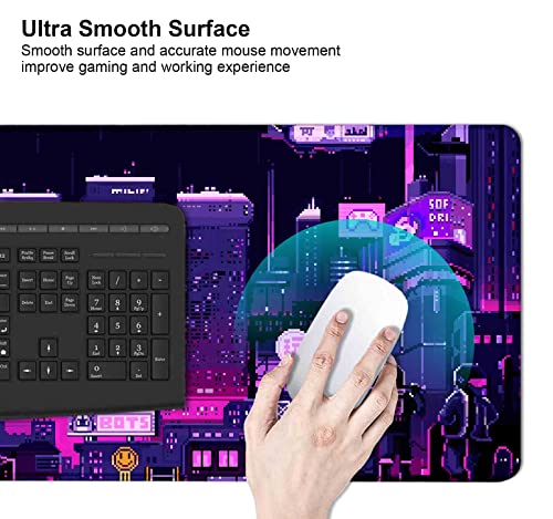 Image of Retro Vaporwave Large Mouse Pad for Desk, Neon Tokyo Street Pixel Art Desk Pad, Purple Japanese Anime Gaming Mouse Pad XXL, Skyline City Desk Mat, 35.4 x 15.7 in