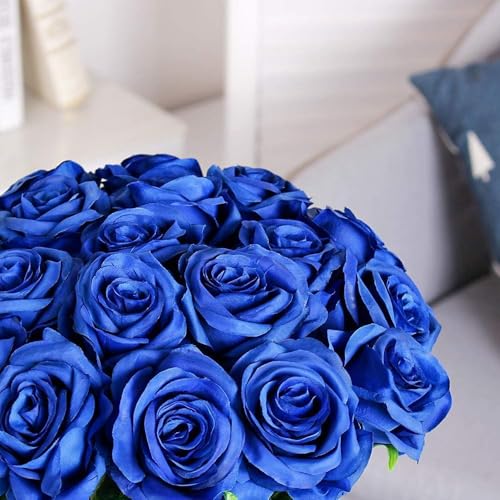 Image of Dekorly Artificial Fake Roses Flowers - 10 Pcs Fake Artificial Roses Silk Flowers with Stems for Home Room Tabletop Wedding Hotel Office Centerpiece Decor | Height 18 Inch (Blue)