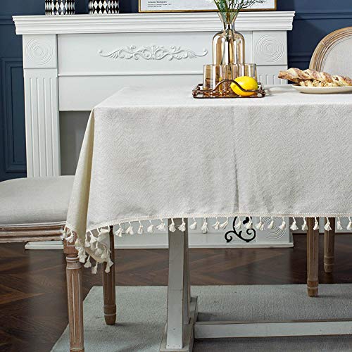 AMZALI Tablecloth, Washable Cotton Linen Fabric Tassel Table Cloth Dust-Proof Embroidery Table Cover for Kitchen Dinning Farmhouse Tabletop Decoration (Rectangle/Oblong, 55 x 86 Inch)