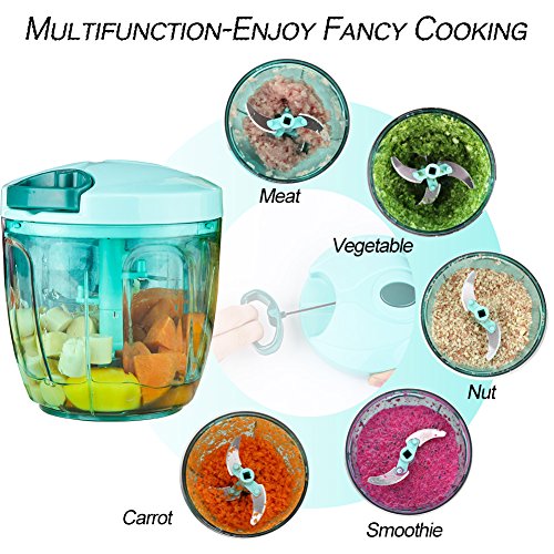 Image of Ourokhome Manual Food Processor Vegetable Chopper, Portable Hand Pull String Garlic Mincer Onion Cutter for Veggies, Ginger, Fruits, Nuts, Herbs, etc., 900ml, Blue