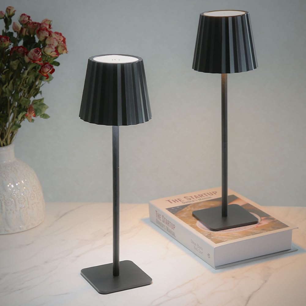 Cordless Table Lamp, Rechargeable Lamp with 3 Colors, Adjustable Heights, Battery Operated Wireless Lamps for Home, Bedroom, Camping, Kitchen, Living Room (Pleated Black, 2 Pack)