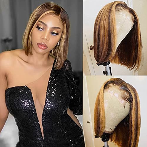 Highlight Bob Wig Human Hair Brazilian Virgin Straight 4/27 Ombre Brown with Blonde 13x1 T Part Lace Front Bob Wigs Blonde Highlights Pre Plucked 180% Density 8Inch Short Straight Bob for Women