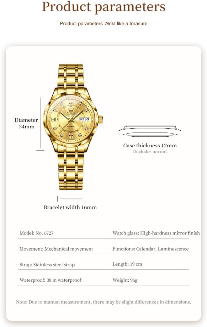 OUPINKE Women's Automatic Mechanical Watch Diamond Dial Casual Dress Watch Self Winding Day Date Waterproof Stainless Steel Band - Image 6