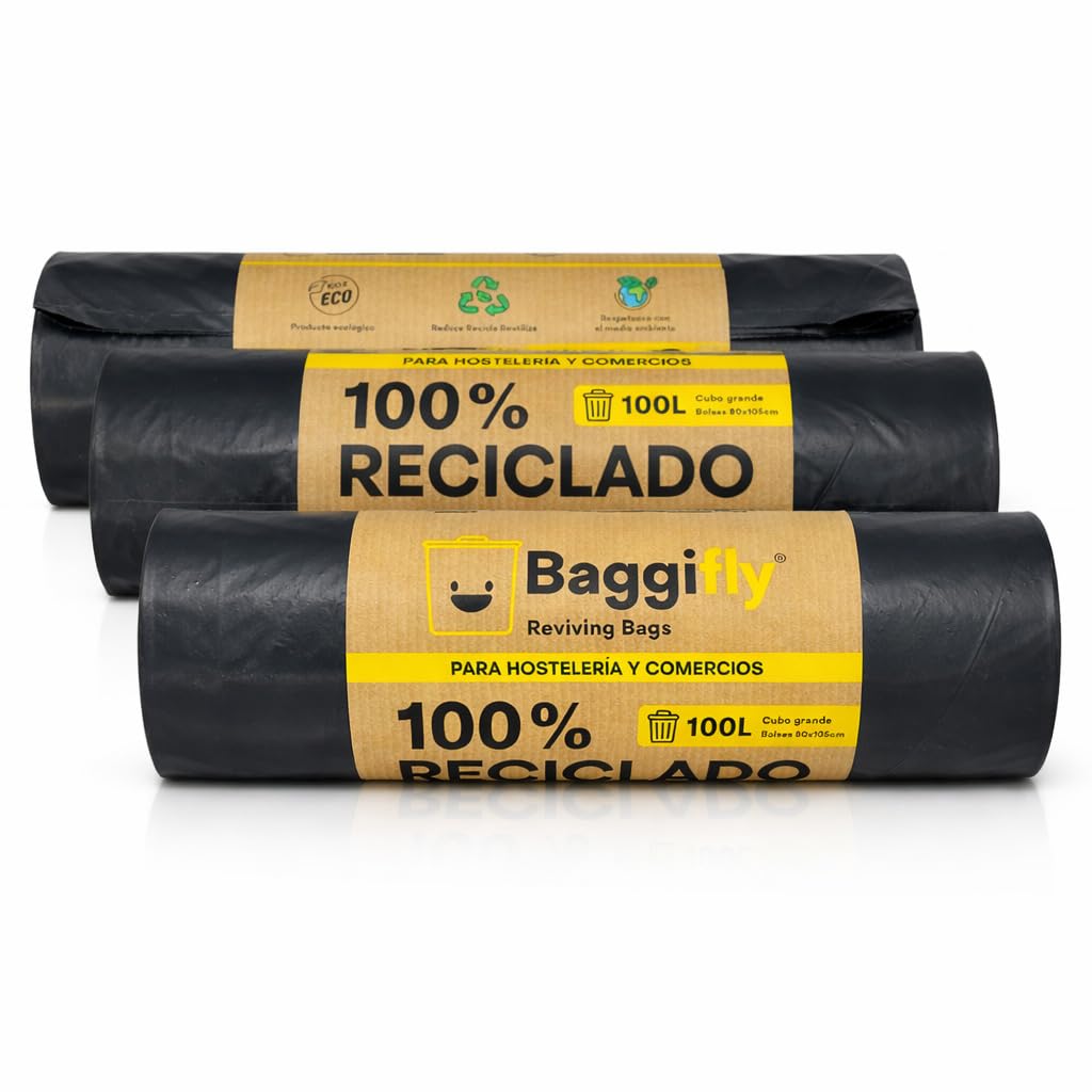 Baggifly, Bolsas de Basura 100L, 30 Bolsas Súper Resistentes, 100% Recicladas, ECO Friendly, Hostelería, Comercios y Jardinería, Pack 3 x 10, Fabricado en España