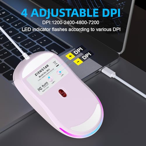 Image of HXMJ Wired USB C Gaming Mice,7200DPI,Corded Mouse with RGB Backlit for Apple MacBook,Tablets,Computer or Laptops with Type C Port-Pink