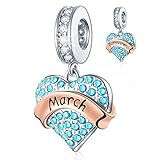 March Birthstone Charms fits Pandora Style Bracelet, Sparkling Pave Heart Aquamarine CZ Forever Love