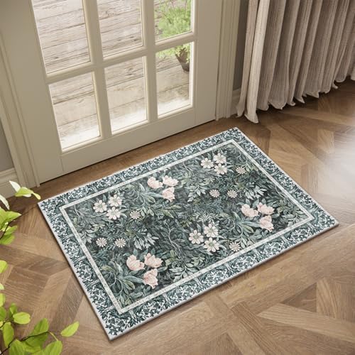 Image of Washable Entry Vintage Floral with Ornate Border Rug 2x3 - Front Door Rugs Indoor, Non-Slip Bathroom Small Rugs, Vintage Floral Style Rug for Kitchen, Perfect for Entryway Decor