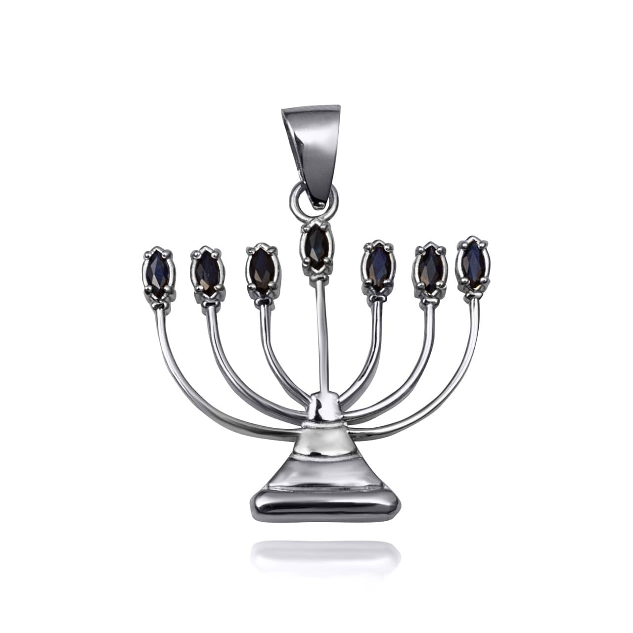 Fine 10k White Gold Black Sapphire Jewish Menorah Hanukkah Candle Pendant