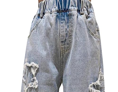 Kids Jeans Distressed Elastic Waist Baggy Wide Leg Pants Girls Star Embroidered Baggy Jeans Trousers Denim Pants4