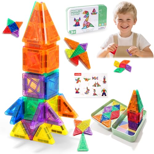 Pequeños Bloques Magnéticos para Niños, 42pzas de Viaje Portátil de Construcción Magnética, Juguete Educativo STEM Montessori, Bloques Magnéticos Sensoriales, Regalo para Niños y Niñas Preescolares 3+