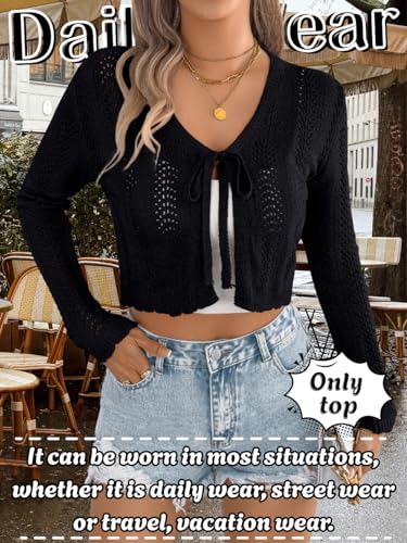 Womens Lightweight Cropped Crochet Cardigan, Tie Front V-Neck Hollow Out Cardigans, Casual Knit Tops4