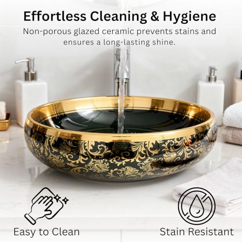 Image of Wallace Designer Oval Table Top Wash Basin Black & Gold 60x40x15 cm | Premium Ceramic Countertop Vessel Sink with Royal Floral Pattern | Luxury Over Counter Bathroom Basin