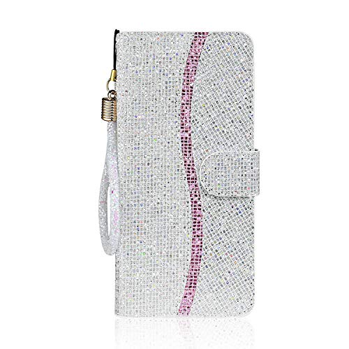 Guppy Compatible with iPhone 12 Glitter Wallet Case with 2 Credit Card Holder Slots Bling Diamond Sequin Flip Stand Purse PU Leather Soft Bumper Protective Cover Case 6.1 inch Silver
