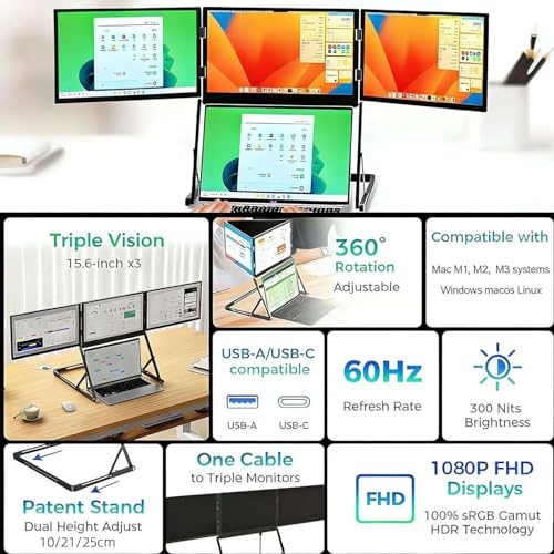 Image of Adjustable Triple Laptop Screen Extender,Portable Foldable Monitor with 178 Wide View,Low Blue Light Eye-Friendly, 360 Rotatable & Dual Speakers(Silver)