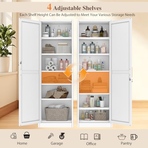 Image of Metal Locker Storage Cabinet Tall Narrow Storage Cabinets with 3 Adjustable Shelves and for Home Office, Living Room, Dining Room (White 1 Door)