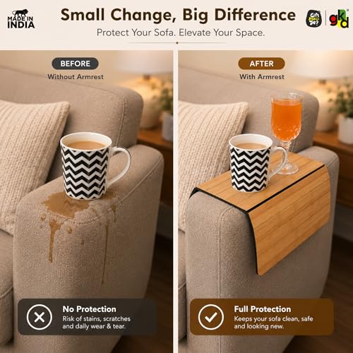 Image of Gift Kya De Sofa Armrest Rectangular Tray Table | Bamboo Finish Couch Arm Table | Non-Slip Tray for Remote, Snacks, Coffee | Compact & Foldable | 15x10 Inch | Made in India (Medium)