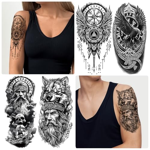 Image of 77 sheets Viking Temporary Tattoos Adult, Nordic Celtic Tattoos, Totem Tribal Fake Tattoo Stickers for Viking Costume, Nordic Norse Yggdrasil Valknut Fake Arm Tattoos for Women Men Kids