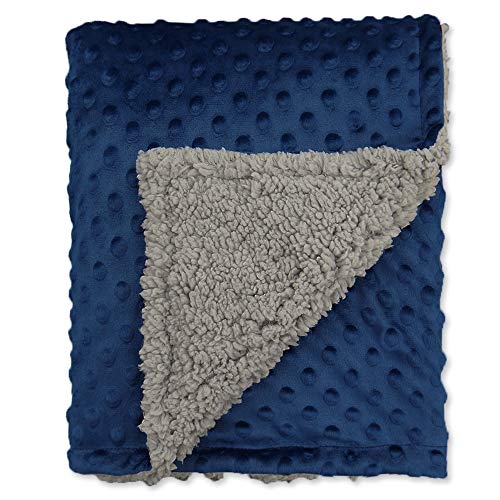 BlueSnail Crib Minky Blanket with Plush Shepra Fleece Layer for Toddler (Navy+Light Gray, 40Wx 60L)