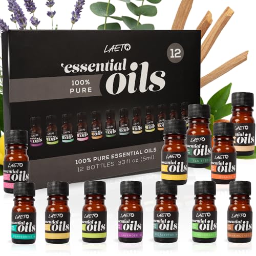 Laeto Essential Oils Set 12 x 5ml | 100% Pure Essential Oils for Diffusers, Burners & Humidifiers | Aromatherapy Oil Gift Collection with Lavender, Peppermint, Lemon, Orange & More