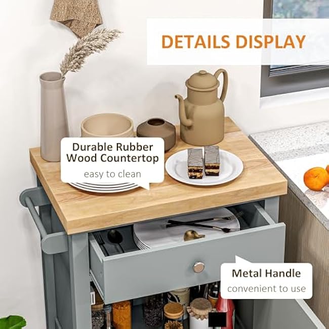Utility Kitchen Cart, Rolling Kitchen Island with Smooth Rubberwood Top, Narrow Butcher Block Surface on Wheels with Storage Drawer & Cabinet,for Restaurants-DedAEnHd