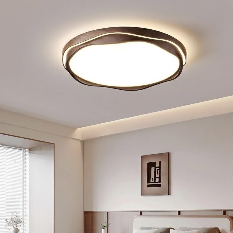 Image of 3C LED Ceiling Light, Modern Designer Ceiling Lamp with Round Wave Frame Design for Bedroom, Living Room, Hall & Home Decor|Walnut-Wood