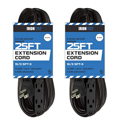 Crazy Clearance 2 Pack of 25 Ft Extension Cords with 3 Electrical Power Outlets - 16/3 Durable Black Extension Cord Pack