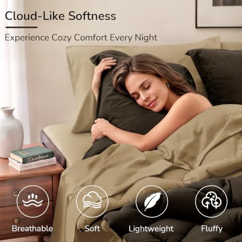 Image of downluxe 7 Pieces King Comforter Set with Sheets, Reversible Bed in a Bag for All Seasons with Comforter, Flat Sheet, Fitted Sheet, 2 Pillowcases and 2 Pillow Shams, Brown /Tan