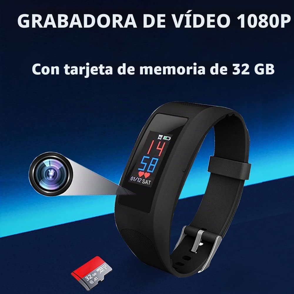 Cámara Espía Oculta Deporte Pulsera, Cámara Espía Inteligente Reloj, Mini Video cámara espía Actividad Rastreador, 1080P Videocámara Smartwatch con Pulsómetro para Teléfono