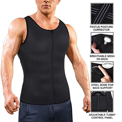 Underwear Men Shirt Tight Tank with Top Upper Back Support Brace Tummy Trimmer Body Shaper Slim Vest (Black with Hook, 2XL)