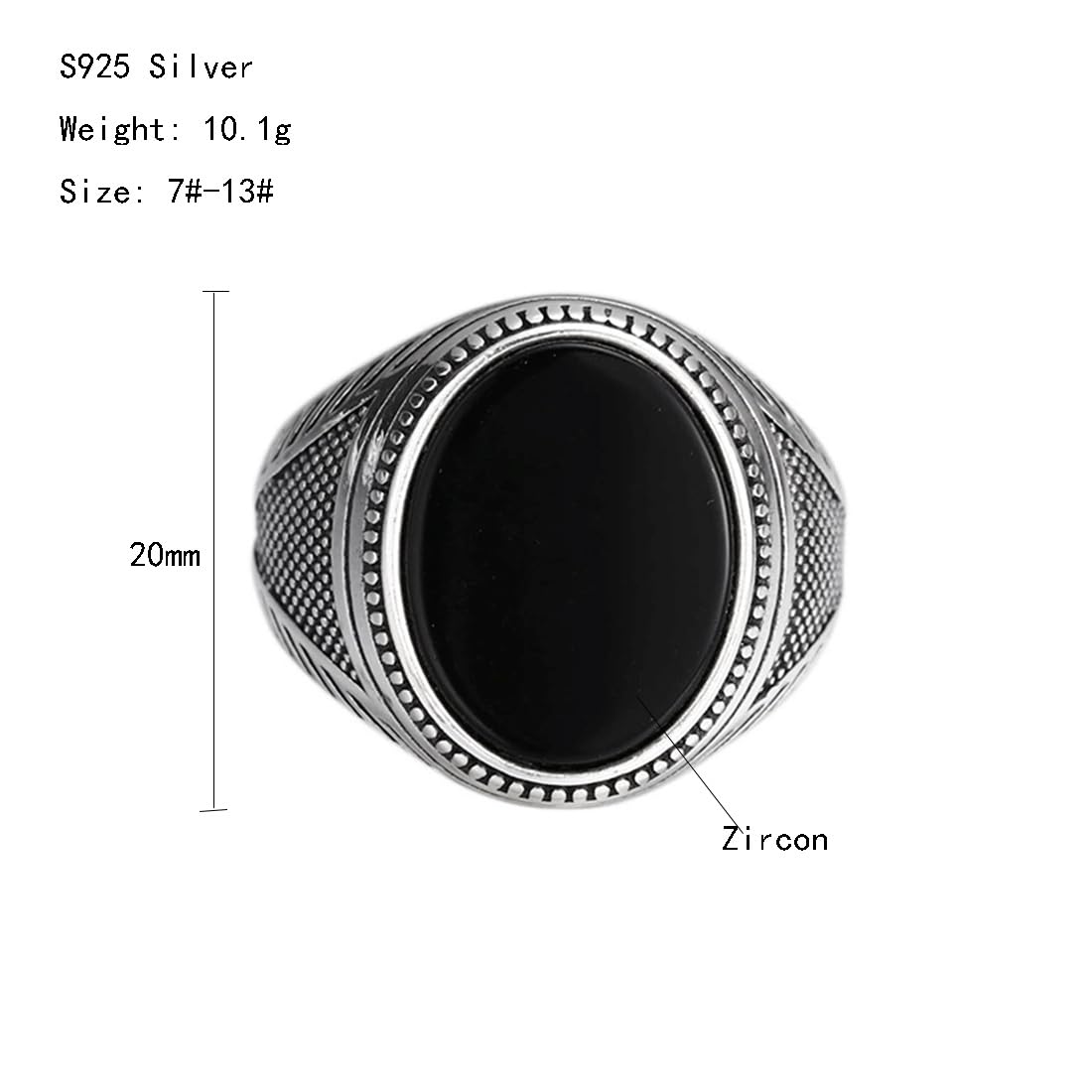 S925 Plata De Ley Circonita Negra Anillo Personalizado, Hip Hop Hombres Abierto Ajustable Simple Anillo,Plata,9