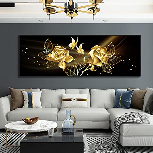 Peinture sur toile abstrait or fleur 50x150cm sans cadre pour decoration murale