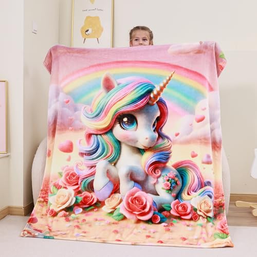 Softan Kids Throw Blanket for Girls & Boys, Warm Soft Toddler Fleece Blankets for Sofa Couch Bed， Cozy Fuzzy Plush Flannel Kids Throw Blanket for Daycare & School - 50x60In Rose Unicorn