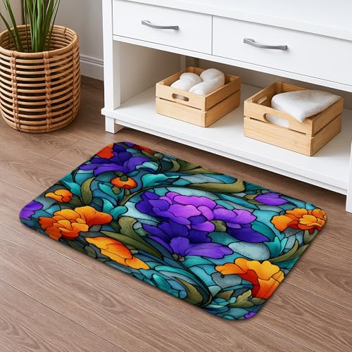 Stained Glass Floral Quick Dry Bath Mat, Violet and Orange F