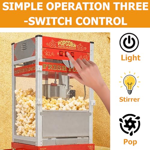 Image of Commercial Popcorn Machine with Cart 24oz - Retro Theater Style Popper Makes 100 Cups Per Batch, Stainless Steel Kettle & Wheels, for Home Movie Nights, Holiday Parties, School&Corporate Events, Red