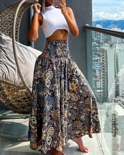 Boho Vintage Print High Waist Elastic Waistband Slimming Wide Leg Pants Loose Fit Casual Vacation Trousers Style 1