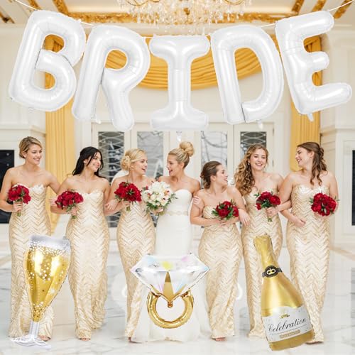Image of 40inch Bride Balloons White Letters Banner, Bachelorette Party Decorations Set with Diamond Ring Champagne Bottle Balloon Glass Foil Balloon for Bachelorette Engagement Wedding Bridal Shower Decor