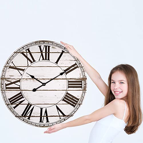 Bew Large Wall Clocks For Living Room Decor, Silent Non-Ticking Battery Operated Analog Wall Clock, 24 Inch Rustic White Farmhouse Shiplap Wood Decorate Wall Clock #TOP6