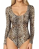 MANGOPOP Long Sleeve Bodysuits for Women Scoop Neck Ribbed Body Suit Stretchy Basic T Shirt Tops, leopard, Medium