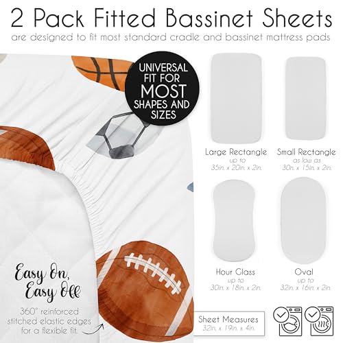 Image of Sweet Jojo Designs 2-Piece Baby Bassinet Sheets Set (Vintage Sports Theme) for Boys, Infant Newborn Nursery, Oval, Rectangle & Hourglass Mattress (Sport Themed, Soccer, Football, Baseball, Basketball)