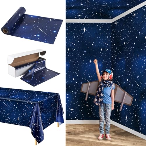 Image of Kochorie 100 Ft X 54 Inch Space Galaxy Tablecloth Roll with Cutter Box Disposable Plastic Blue Galaxy Table Cloth Starry Night Wall Backdrop for Space Star Theme Birthday Baby Shower Party Decorations