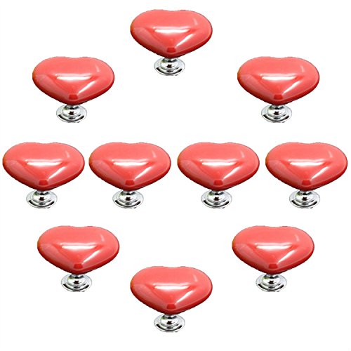 Knob Handle,10PCS 38mm Red Cute Heart Shape Ceramic Knobs, Candy Color Baby Kid's Children's Furniture Handles Pulls for Door Cabinet Drawer Cupboard Dresser Bin Chest Bookcase etc with Screws (Color