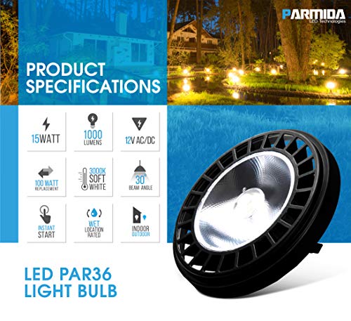 LED PAR36 Bulb, 15W (100W Equivalent), Dimmable, Waterproof Landscape Garden Light, 3000K (Soft White), 12V AC/DC, 1000Lm