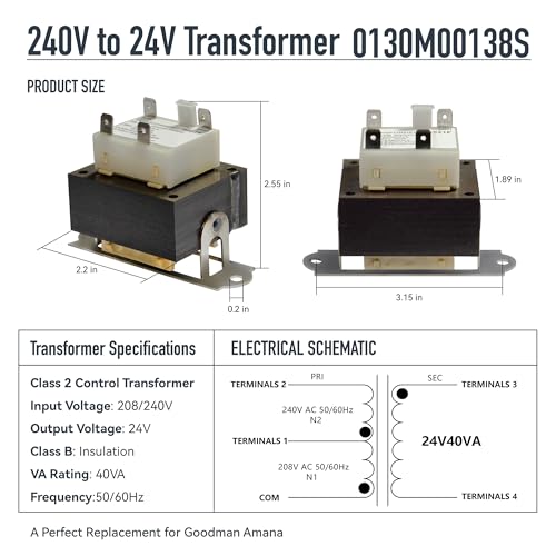 0130m00138s 240v to 24v transformer compatible with goodman amana 40va furnace transformers hvac parts replaces b1141643 b11416-43 pf40224 l38264 208240v to 24v furnace transformer class 2 control