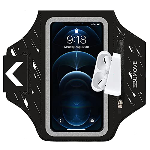 iPhone 13 Pro Max, 12 Pro Max Armband, BUMOVE Gym Runing Sports Arm Band for iPhone 11/XR, 12/12 Pro/12 Pro Max, 13/13 Pro/13 Pro Max up to 6.9 inch with Airpods Key Card Holder (Black)