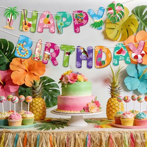 Image of Hooqict Happy Birthday Banner Hawaiian Birthday Decorations Colorful Hawaii Party Banner Garland Sign for Summer Tropical Hawaiian Luau Party Decorations