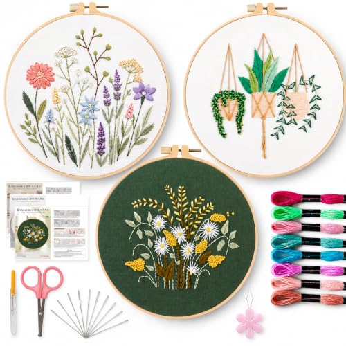 Image of Offizon 3 PCS Embroidery Kit for Beginners Stamped FlowerD Pattern | Cross Stitch DIY Craft Set, Hoop Included, Flower Embroidery Accessories, Stitching Sewing Kit Gift for Adults