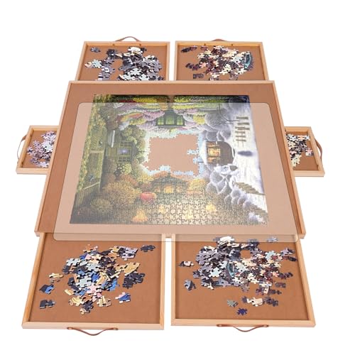 USEFULTEK 1500 Pieces Rotating Puzzle Board with 6 Drawers & Cover, 27'x35' Portable Wooden Jigsaw Puzzle Table for Adults, Lazy Susan Spinning Puzzle Board w/h 2 Large, 4 Small Drawers for Gift